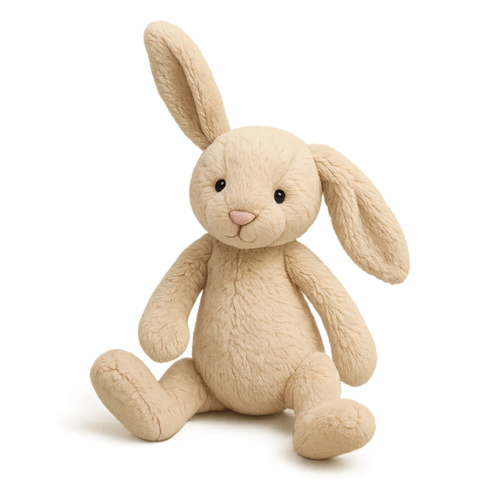 beige plush bunny inspired by Jellycat Bashful Bunny, one ear up and one ear down, playful pose sticker
