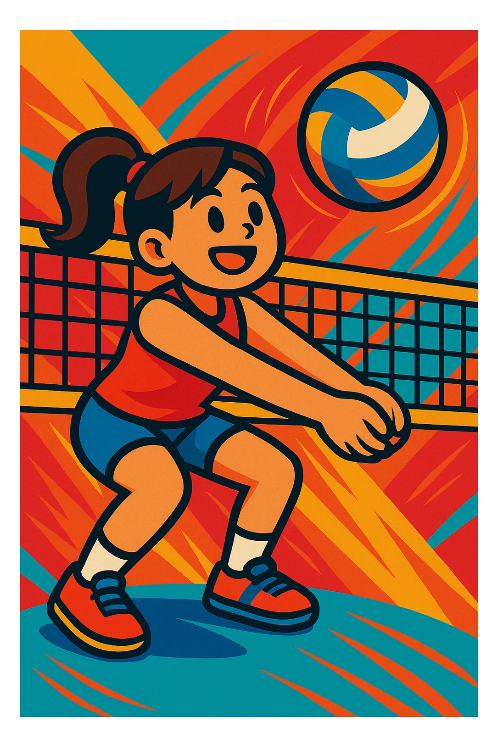 Add a volleyball net to the scene, maintaining a vibrant and energetic style with dynamic colors and lively atmosphere. sticker