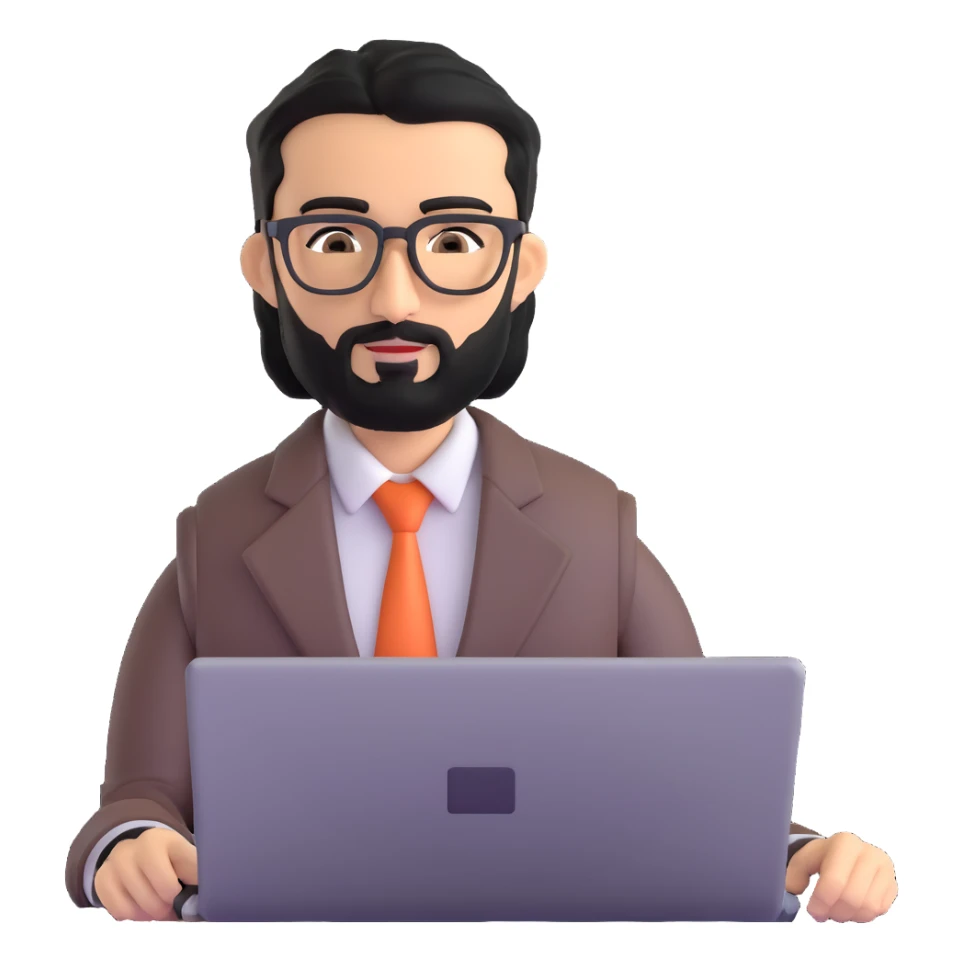 professional middle eastern businessman with well-groomed medium length black beard, neat black hair, connected eyebrows, elongated nose, tan skin, brown eyes, modern glasses, wearing perfectly pressed business casual outfit, efficiently working on a laptop sticker