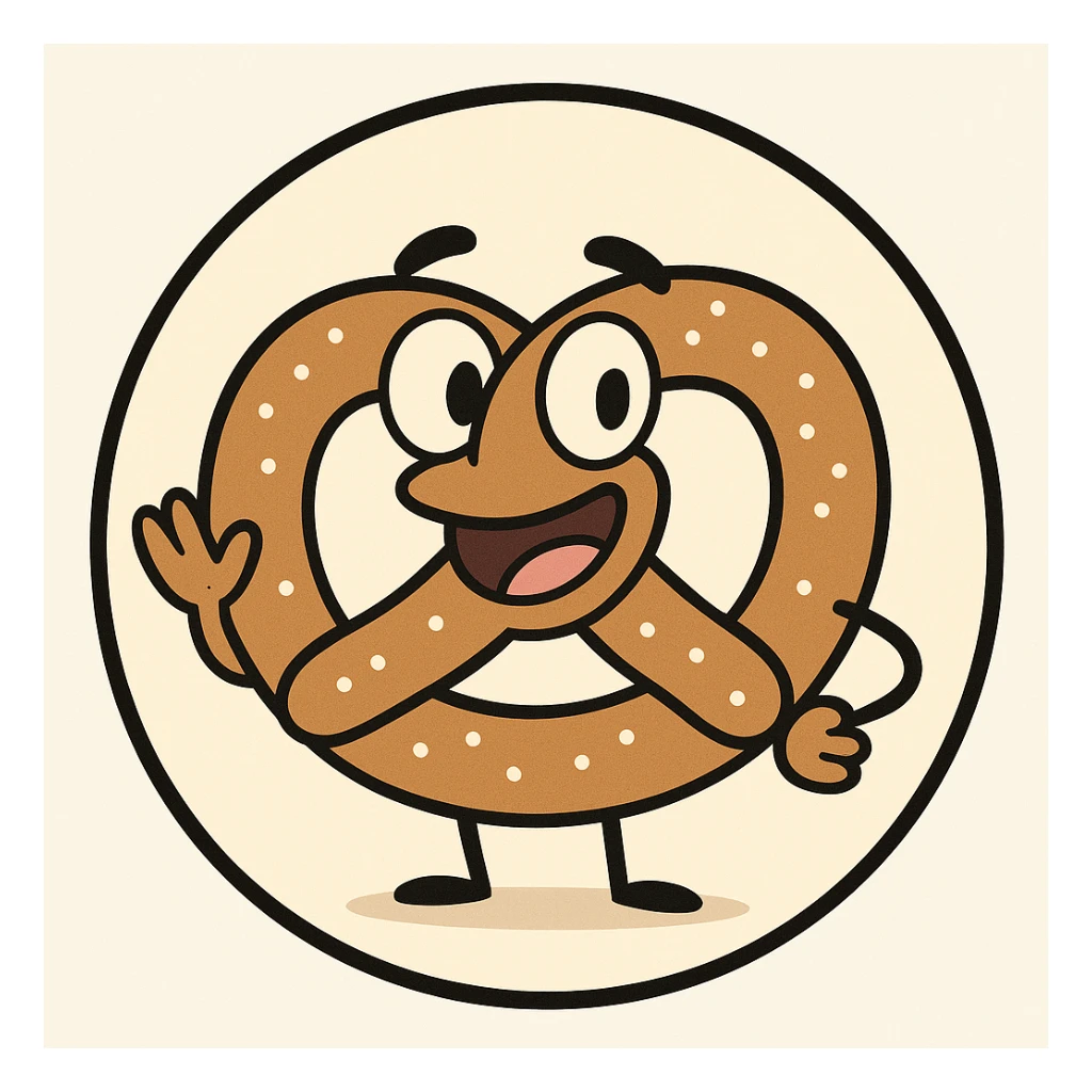 little alchemy style icon
subject: pretzel
border: medium-black
shape: round, circular
background: white
style: full color fill with medium black outlining sticker