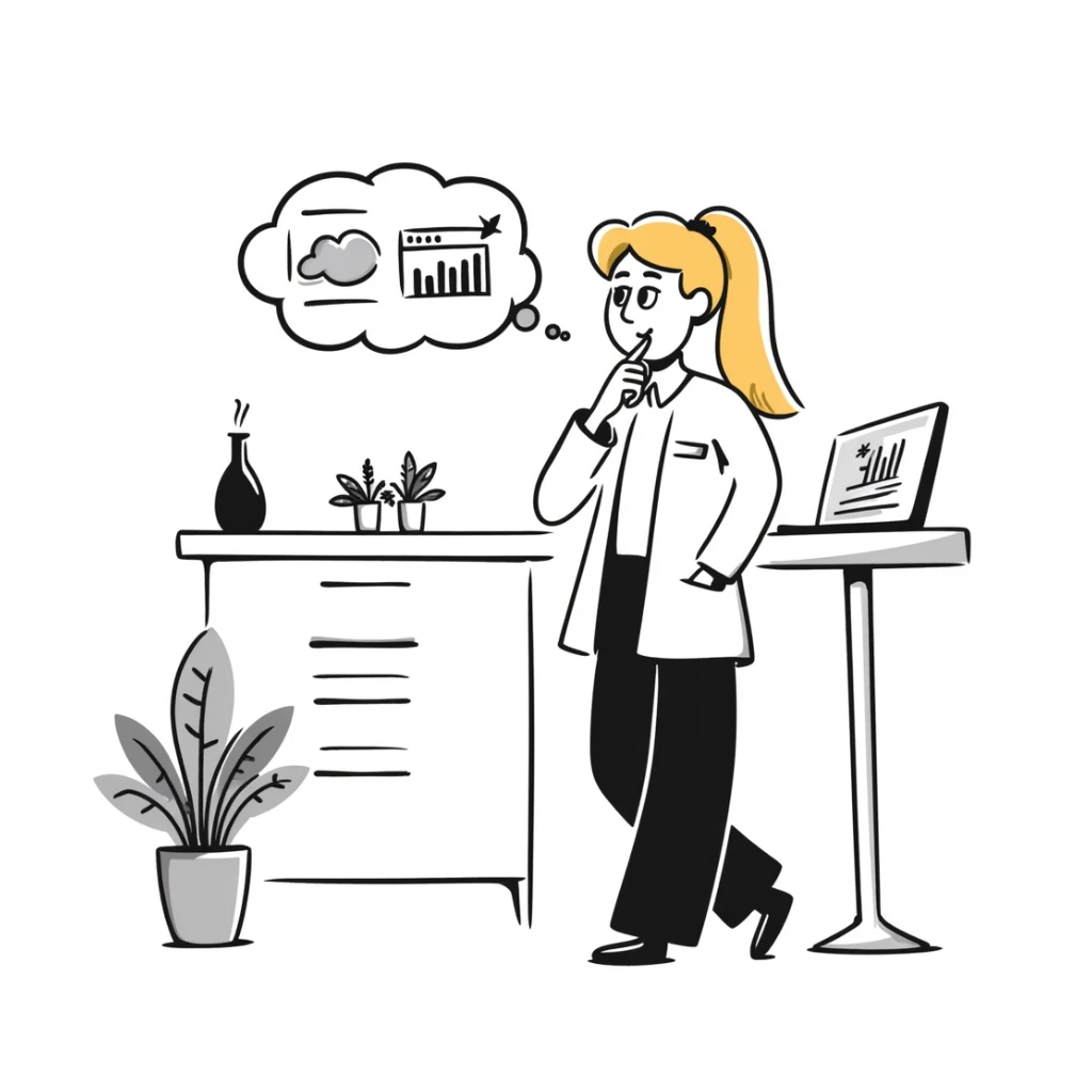 A thoughtful blonde physical therapist with finger on chin, wearing scrubs, looking contemplative while analyzing patient data sticker