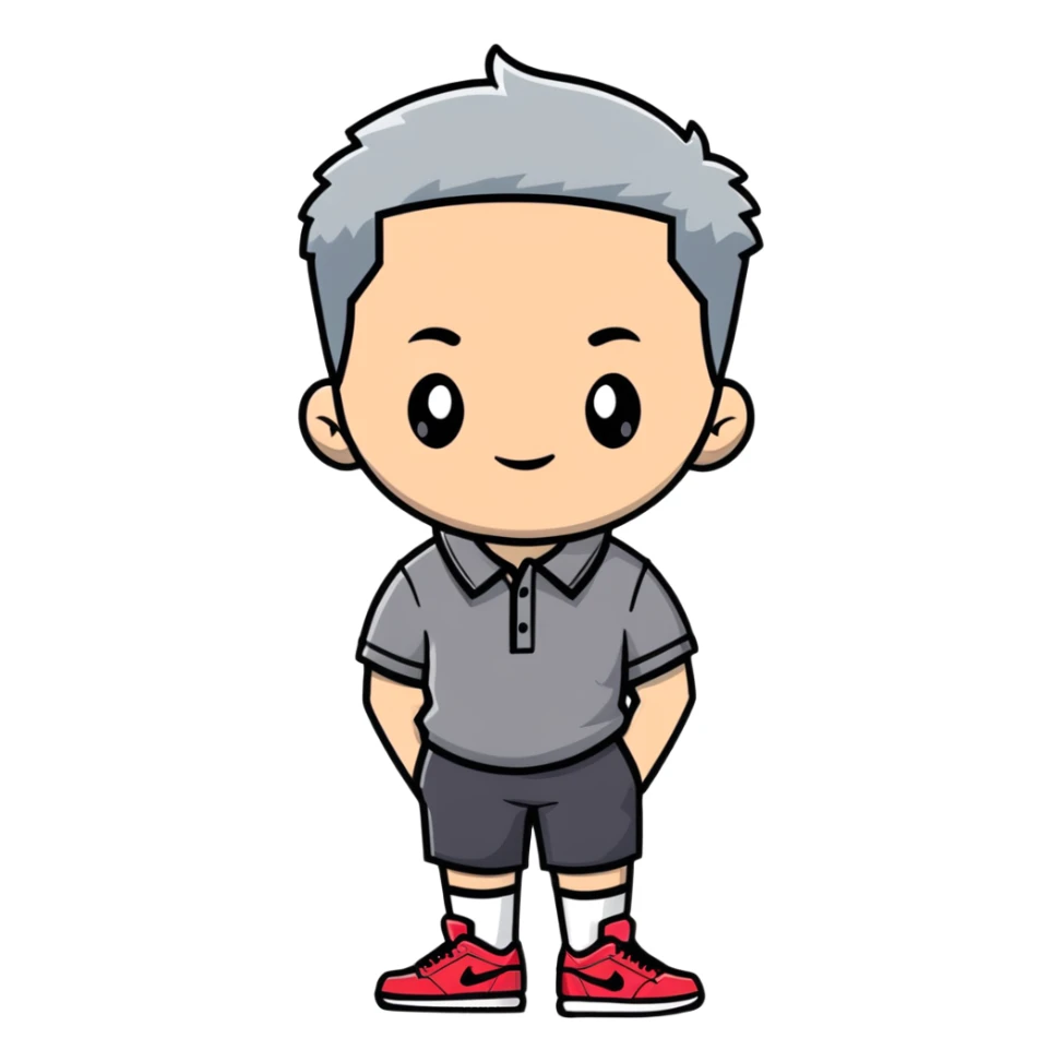 Mid 30s grey side part short hair medium size in polo and jordans sticker