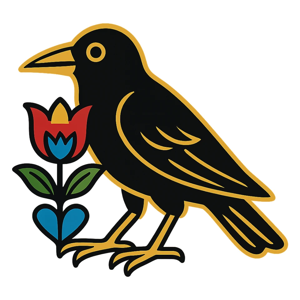 Create a simple Scandinavian folk art style black crow with a gold outline around the crow. The crow is holding a large bright folk-colored tulip flower motif in its talons. The tulip motif is outlined in black and matches the style and colors of the heart reference images provided. The overall design should be simple, bold, and clear, matching the heart's illustrative style. Use a transparent background. sticker