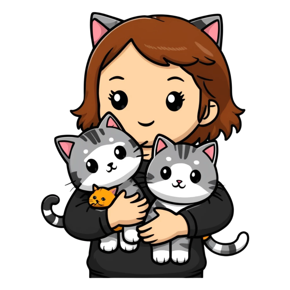 tan brown hair girl holding two black and grey striped cats sticker