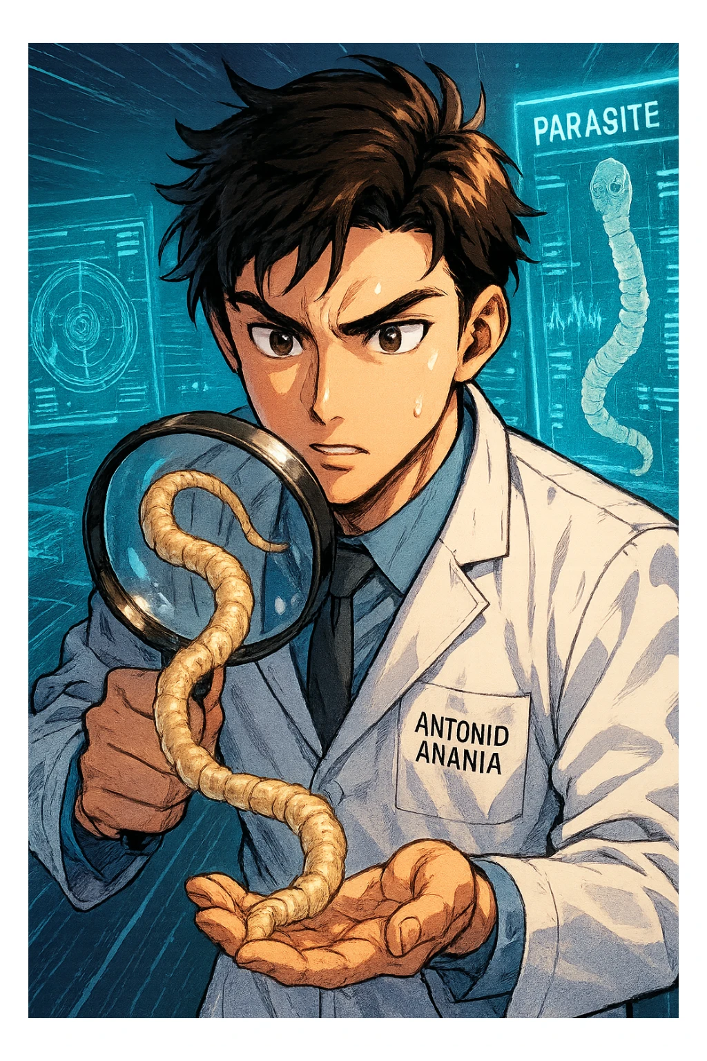 A dynamic manga/webtoon-style illustration of a young male kinesiologist wearing a clean white lab coat, analyzing light beige worms like a tapeworm under a magnifying glass. His expression is focused and slightly intrigued, with sharp, detailed eyes. The art style is vibrant, with bold linework, rich colors, and dramatic lighting. The background is a futuristic laboratory with glowing holographic screens displaying parasite data. The tapeworm is intricately drawn, slimy and segmented, with a slightly exaggerated yet realistic texture. The composition is dynamic, with motion lines or energy effects to emphasize his scientific investigation. The atmosphere is intense but not dark, keeping a balance between scientific seriousness and stylish manga aesthetics, he has "ANTONIO ANANIA" WRITTEN ON WHITE LAB COAT sticker