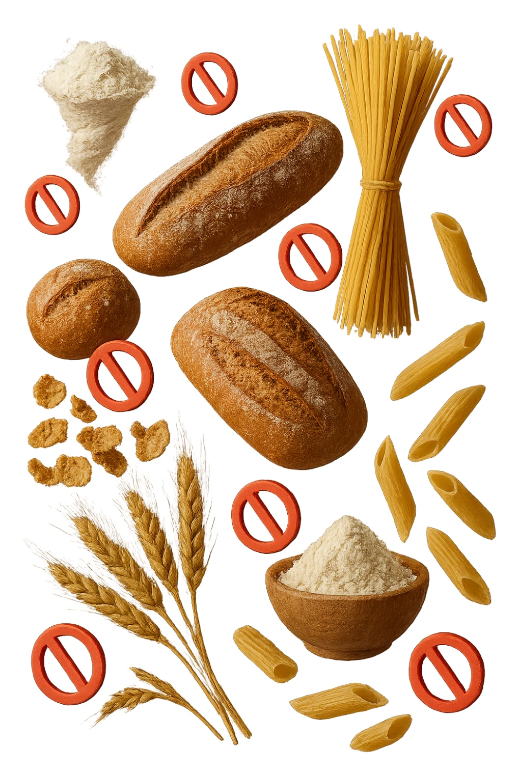 cereali, pane, pasta e farine realistici fluttuano in aria con piccoli divieti 3d, IPERREALISTICO 4K sticker