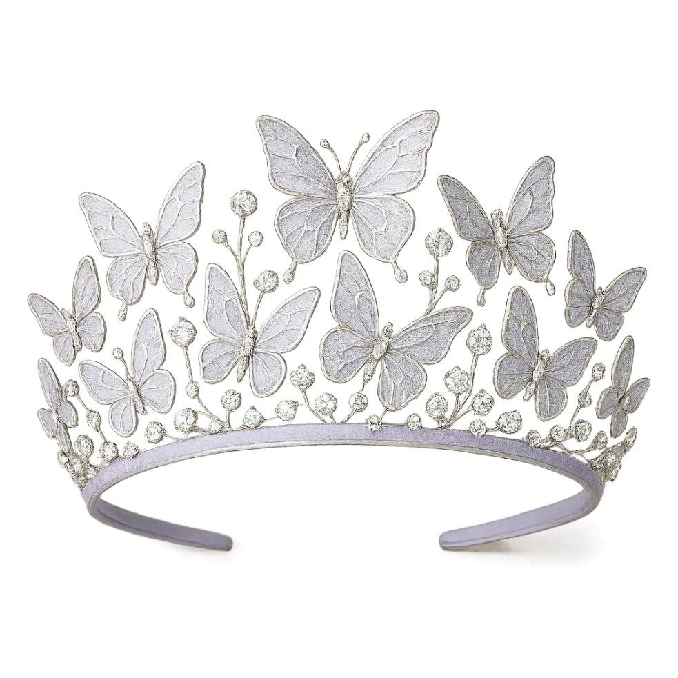 butterfly crown with a delicate violet base, butterflies in light purple and silver enamel, sparkling gems sticker