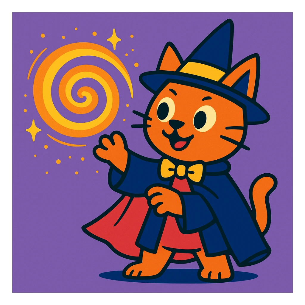 cat magician conjuring a spiral, vibrant cartoon style sticker