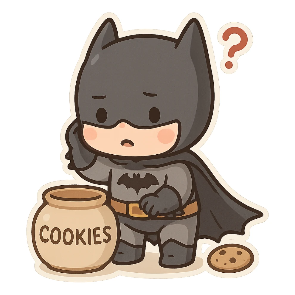 Chibi Batman searching for cookies, looking confused, with a question mark above his head sticker