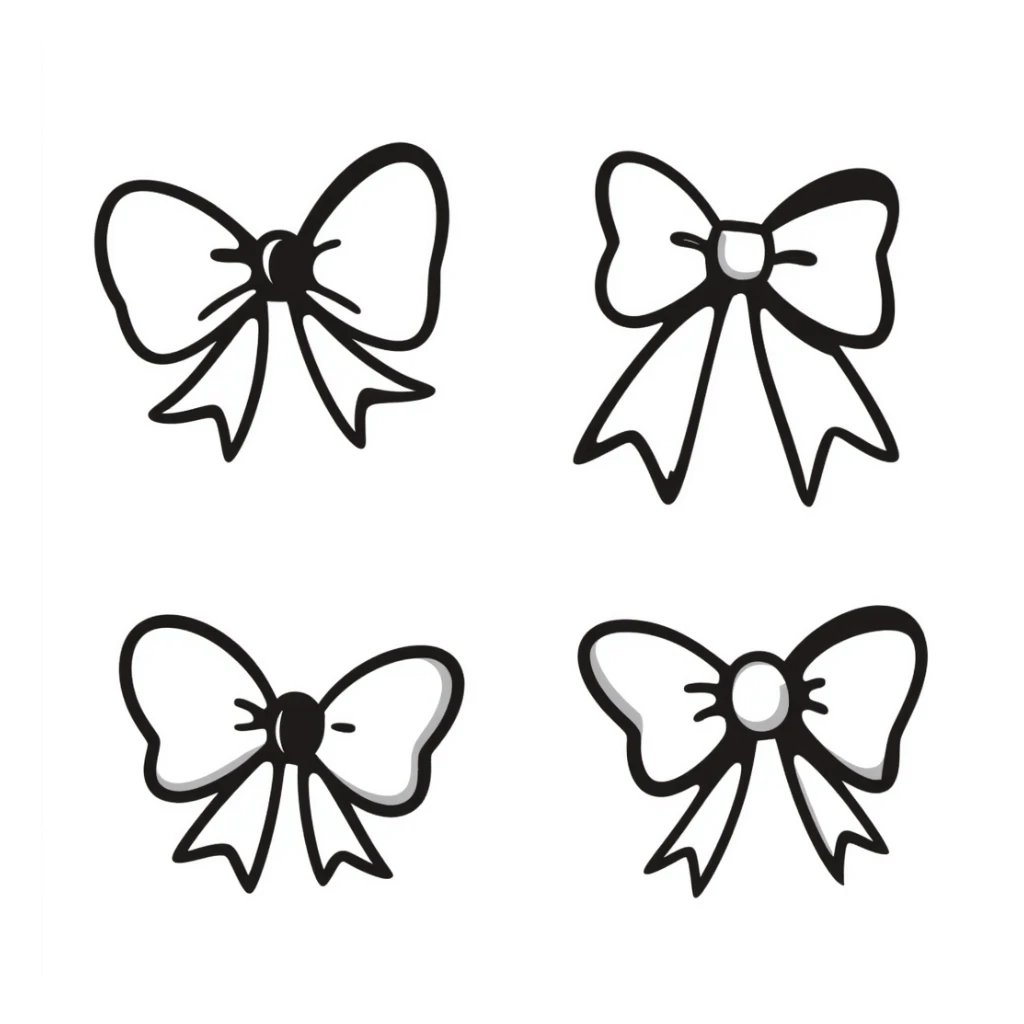cute bows in various shapes and sizes in pastel colors dd9fb0, ffc6d3, a3bfc9, c4bee2, f1b091, hand-drawn doodle style sticker