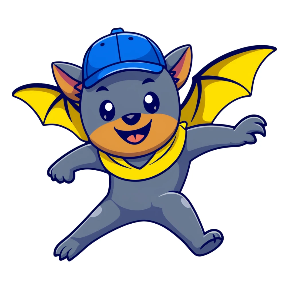 Flying fox bat mascot "Nahalenok" for FC Rostov, cheerful expression, large wings spread wide in flight, big expressive eyes with playful glint, smiling mouth showing small fangs, wearing yellow (#FFCD00) and blue (#0057B8) scarf around neck, blue baseball cap with FC Rostov logo tilted to side, dark grey body sticker