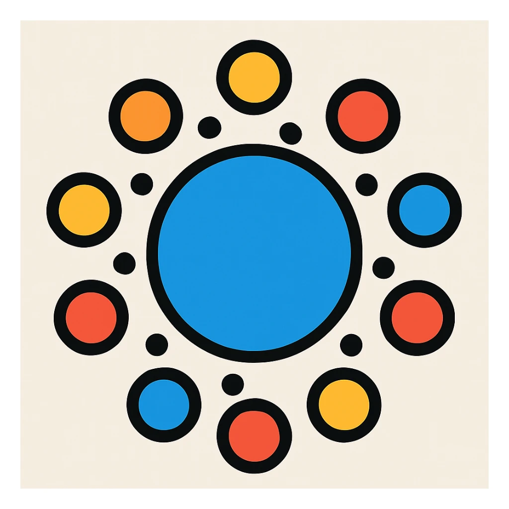 Redesign the image as a symbolic logo featuring 9 dots arranged evenly around a circle, representing founders in a study circle. Use a modern, abstract, and engaging style. No text. sticker