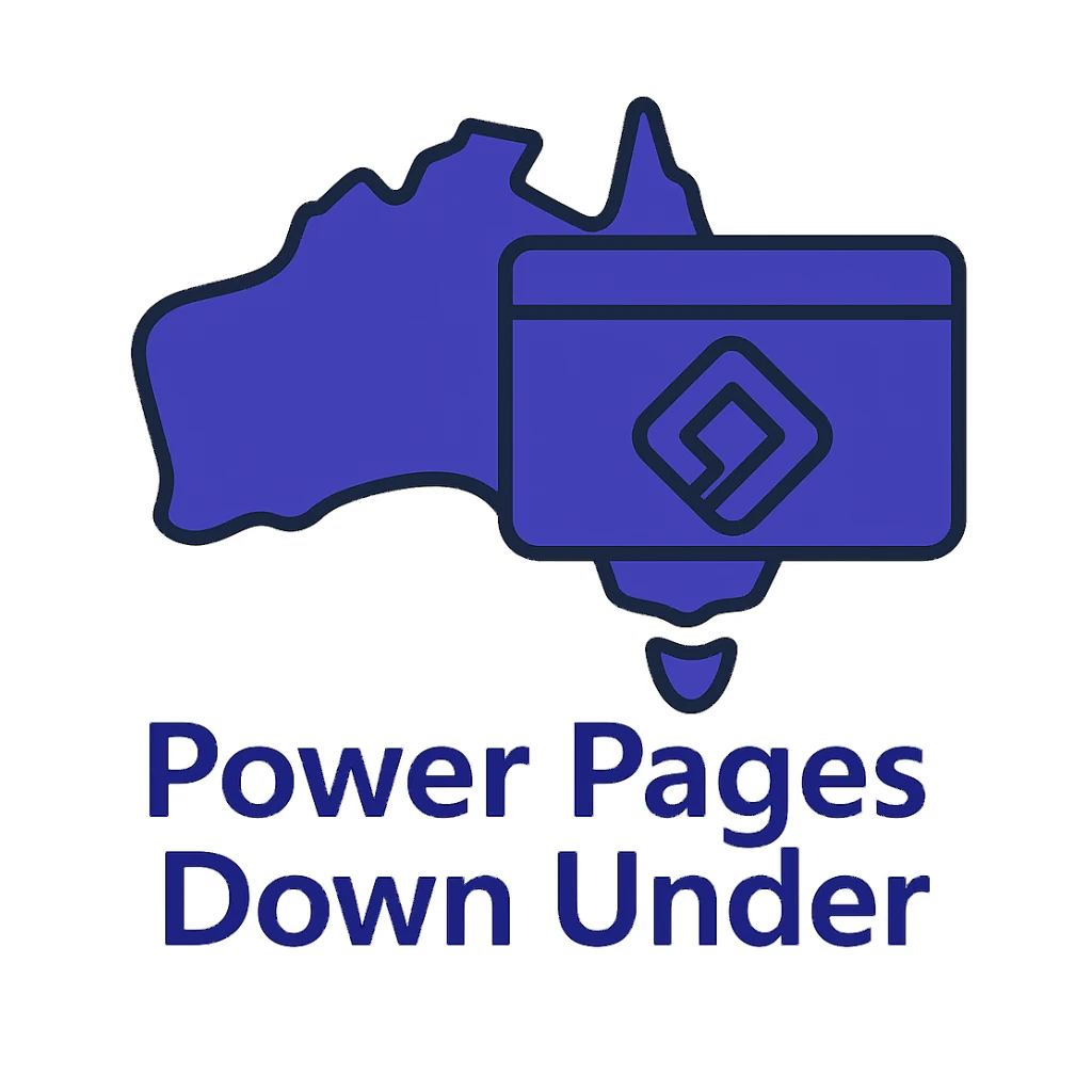 Update the text to 'Power Pages Down Under' in the same clean, modern font style below the map of Australia with the official Microsoft Power Pages icon overlay. Use #403DAD as the main color, no digital web overlay sticker