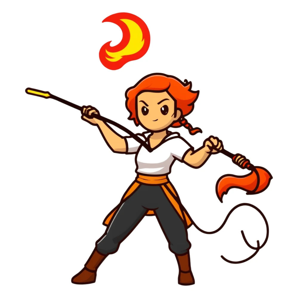 woman with a fire whip, cartoonish sticker