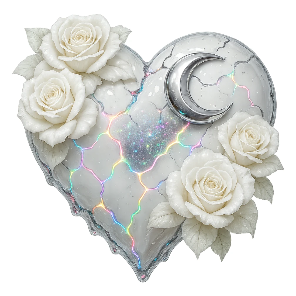 Edit the gothic heart to have cracked deep white glass, silver crescent moon, white roses, shimmering holographic stardust, neon lightning accents, and a glossy wet appearance. Keep the background transparent. Maintain the gothic heart style and transparent background. sticker
