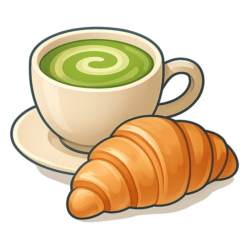 Make the matcha latte and croissant more detailed, add subtle gradients and highlights, keep the minimal flat color style. sticker