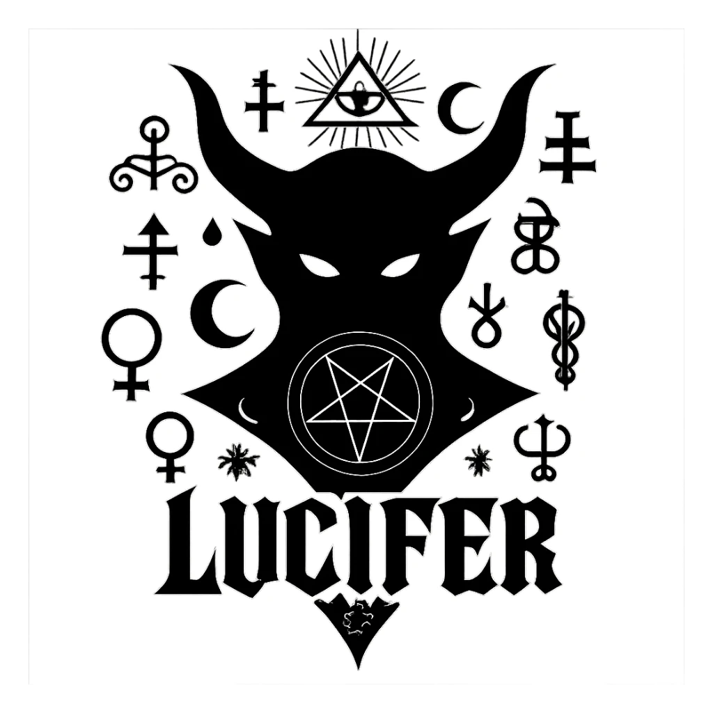 Add more occult symbols to Lucifer's emblem, gothic style, with a horned silhouette and glowing eyes, dark and striking. The emblem should have a transparent background. sticker