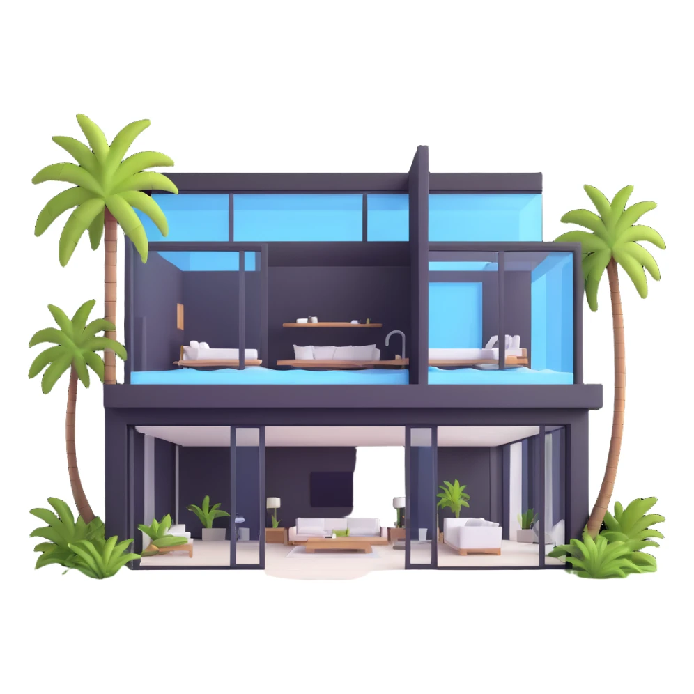 modern luxury mansion with an indoor pool visible through glass walls, palm trees sticker
