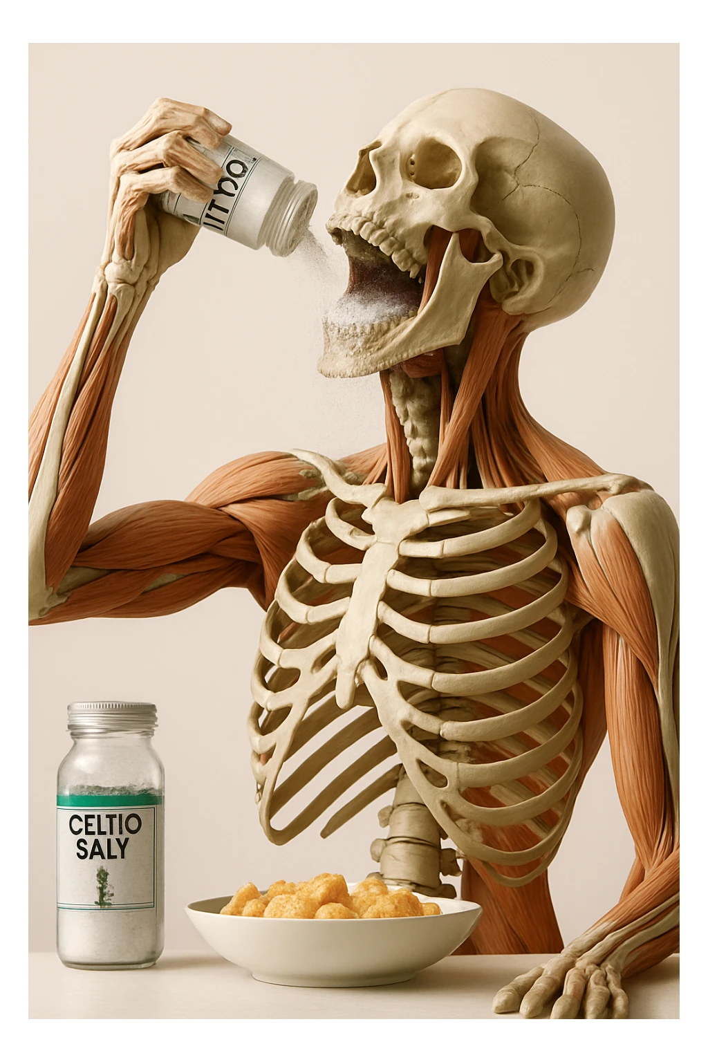 Create a vertical hyperrealistic 4K medical illustration in the style of the reference image. Depict an anatomically accurate human body holding a jar labeled 'CELTIC SALT', tossing salt into his mouth at breakfast. The background should be neutral and clear, with extreme detail and vertical format. Maintain the ultra-detailed medical illustration style as in the reference. sticker