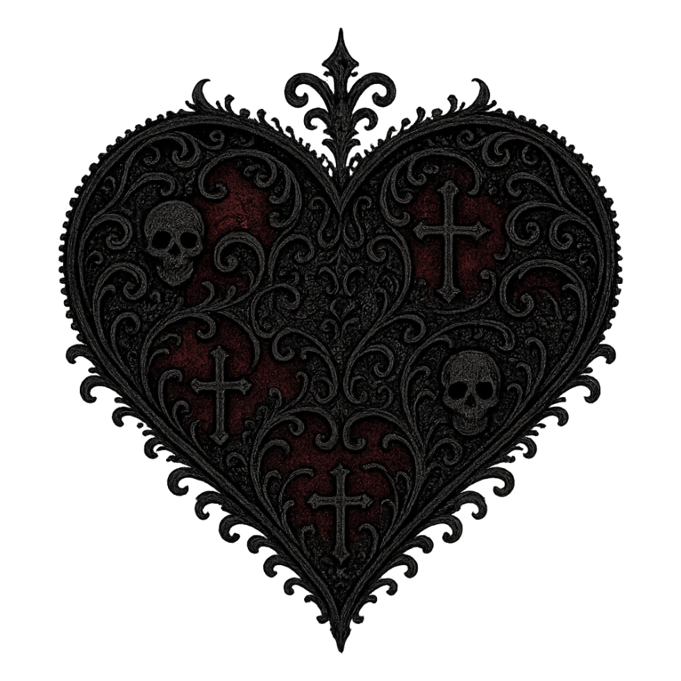 goth heart, black and deep red, ornate lace, subtle skull or cross motif, moody atmosphere, no background sticker