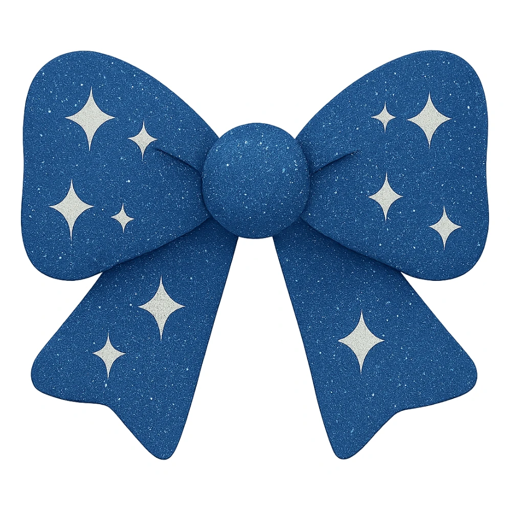 Make the glitter bow blue with shimmering texture, elegant and festive, no background. The style should highlight the shimmering and elegant texture with a festive blue color, keeping the bow refined and decorative. sticker