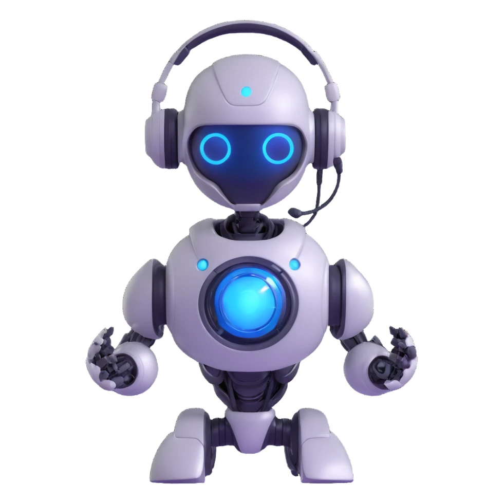 robot-like autonomous AI agent with metallic finish, glowing blue eyes, wearing headset, holding digital orb sticker