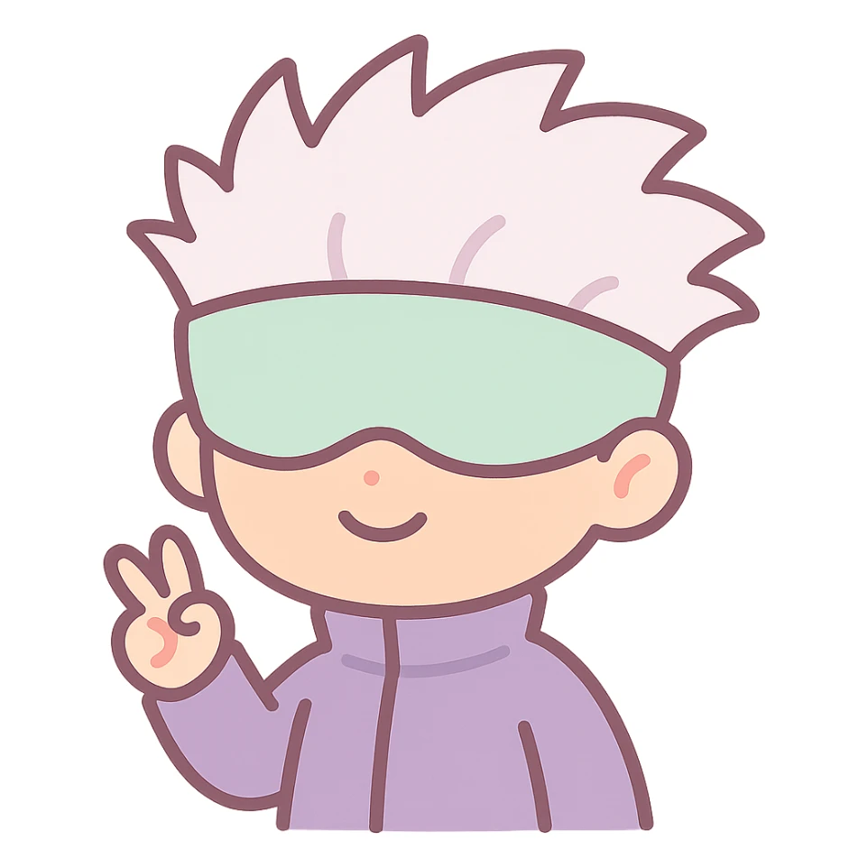 Satoru Gojo, iconic anime sorcerer, white hair, blindfold, confident pose, cute kawaii style sticker