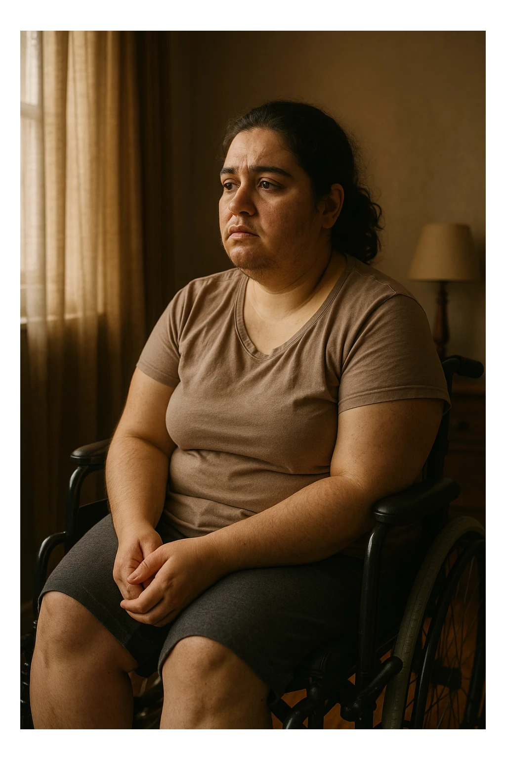 Donna con problemi difficoltà  nella mobilità che si isola a causa della sua PCOS, immagine realistica sticker