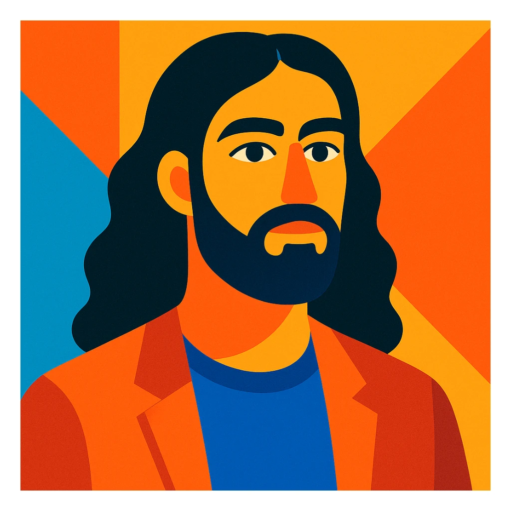 a man with dark long hair and a beard, modern illustration style sticker