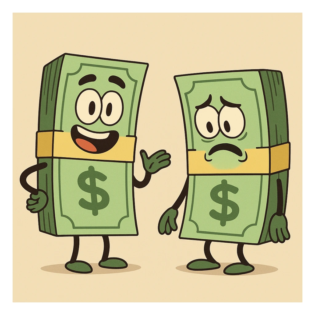 two cartoon money bundles, bright green, yellow bands, simple shading sticker