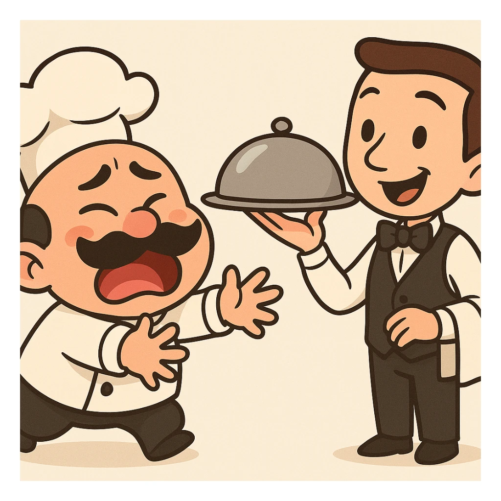 Make the chef look even hungrier, reaching desperately for the food, both smiling, with a minimal background, cartoon style. sticker
