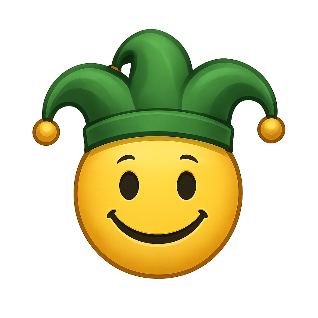 yellow face with green jester hat emoji, digital illustration sticker
