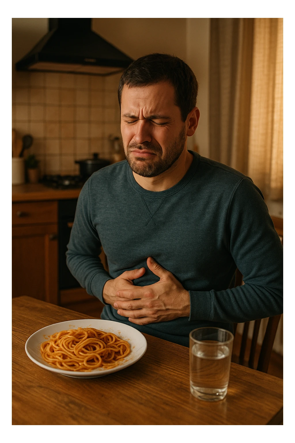 a man sits at a dining table, looking uncomfortable and holding his stomach after eating a plate of pasta. His expression shows mild pain or bloating. On the table, there’s a half-eaten plate of spaghetti, and a glass of water. The background is a cozy kitchen, but the focus is on the man’s discomfort.

 sticker
