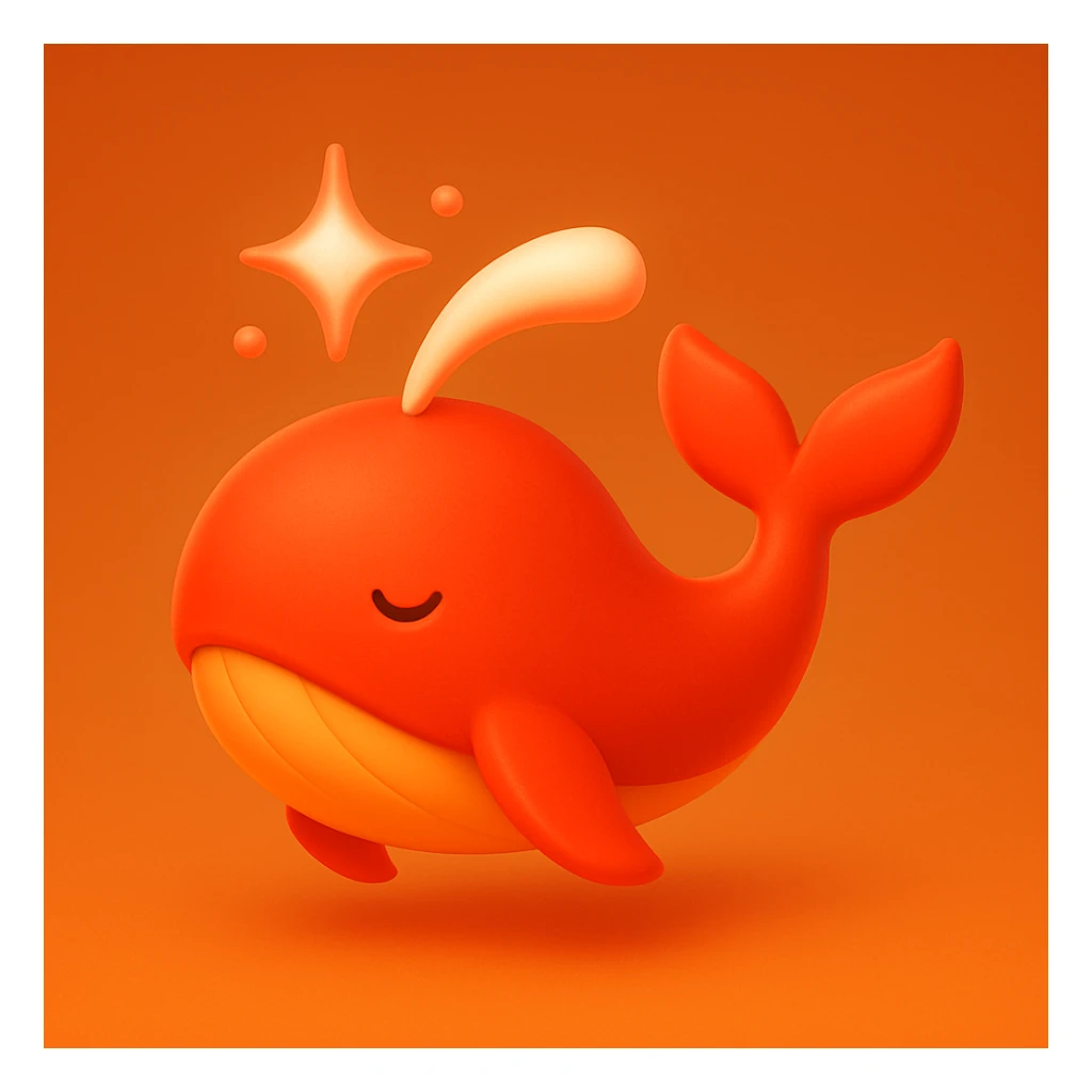 3D style magic whale with sparkles, red and orange colors sticker