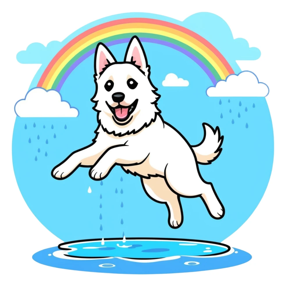 White belgian Shepard jumping over Rain puddles. There is a rainbow in the sky sticker