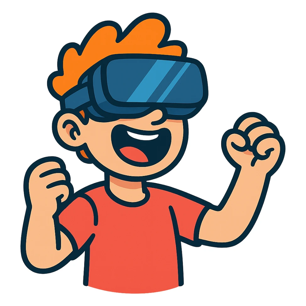 person wearing VR goggles, excited expression, cartoon style, vibrant toon style sticker