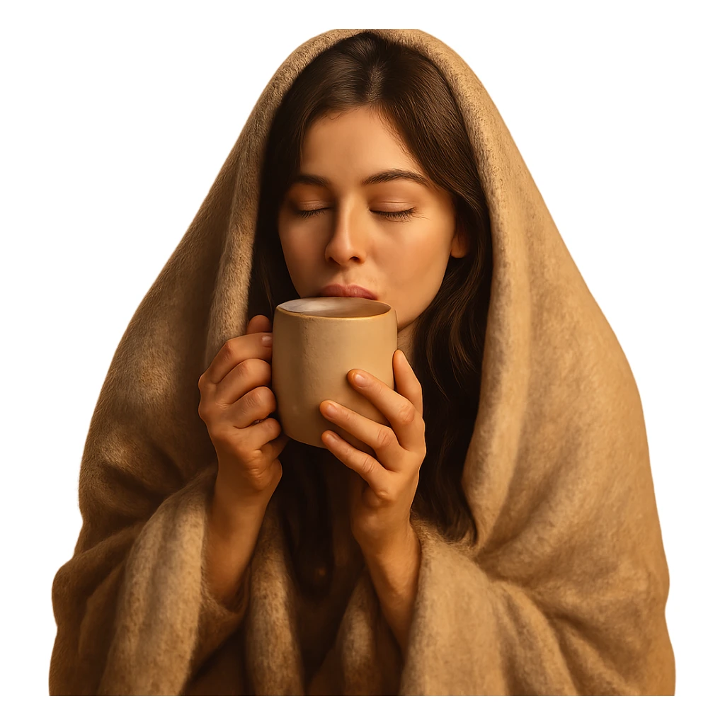 girl brunette inside a blanket sipping coffee, eyes closed, cozy and warm atmosphere, variation 3 sticker