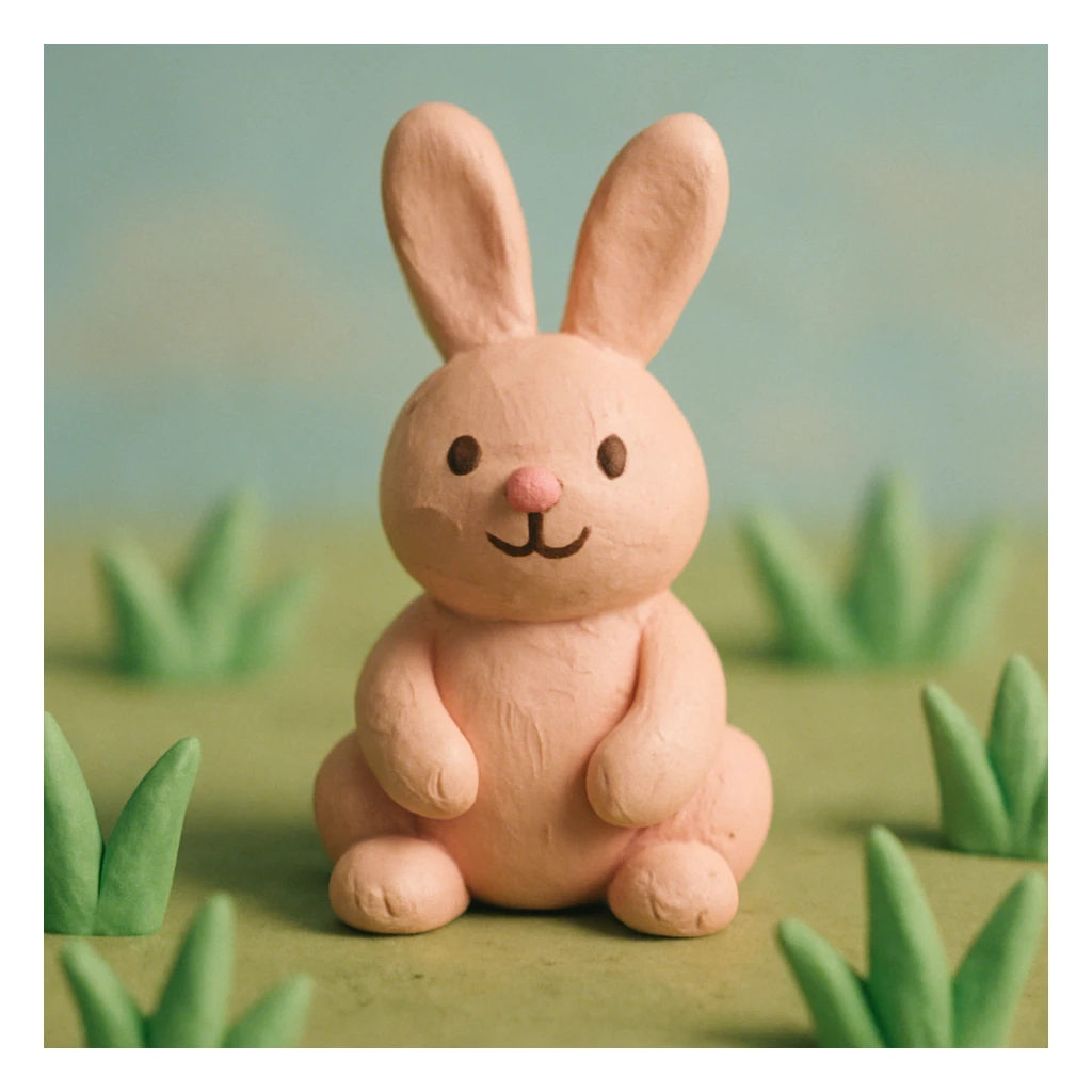 rabbit sitting in grass, pastel colors, visible fingerprints, cute and playful, claymation style sticker