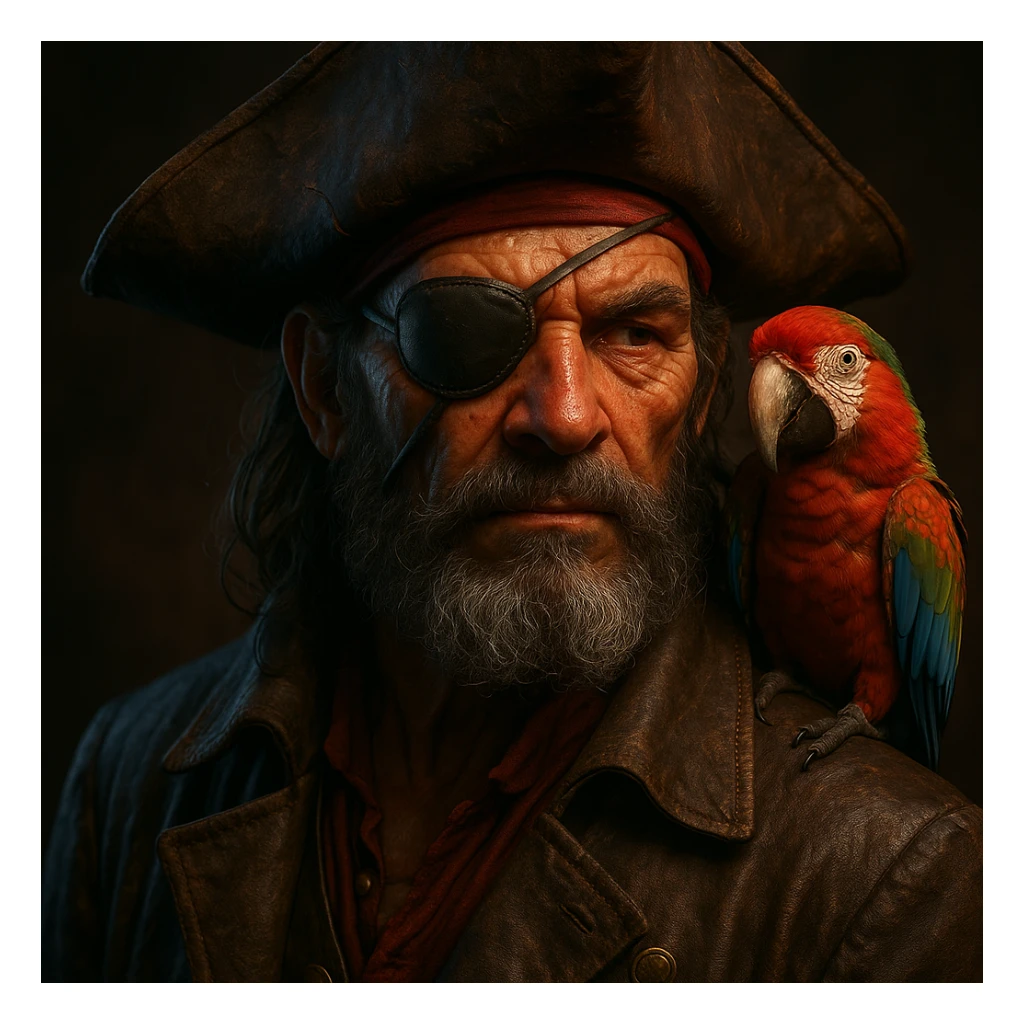 3d digital art of a pirate with eye patch and parrot in sticker