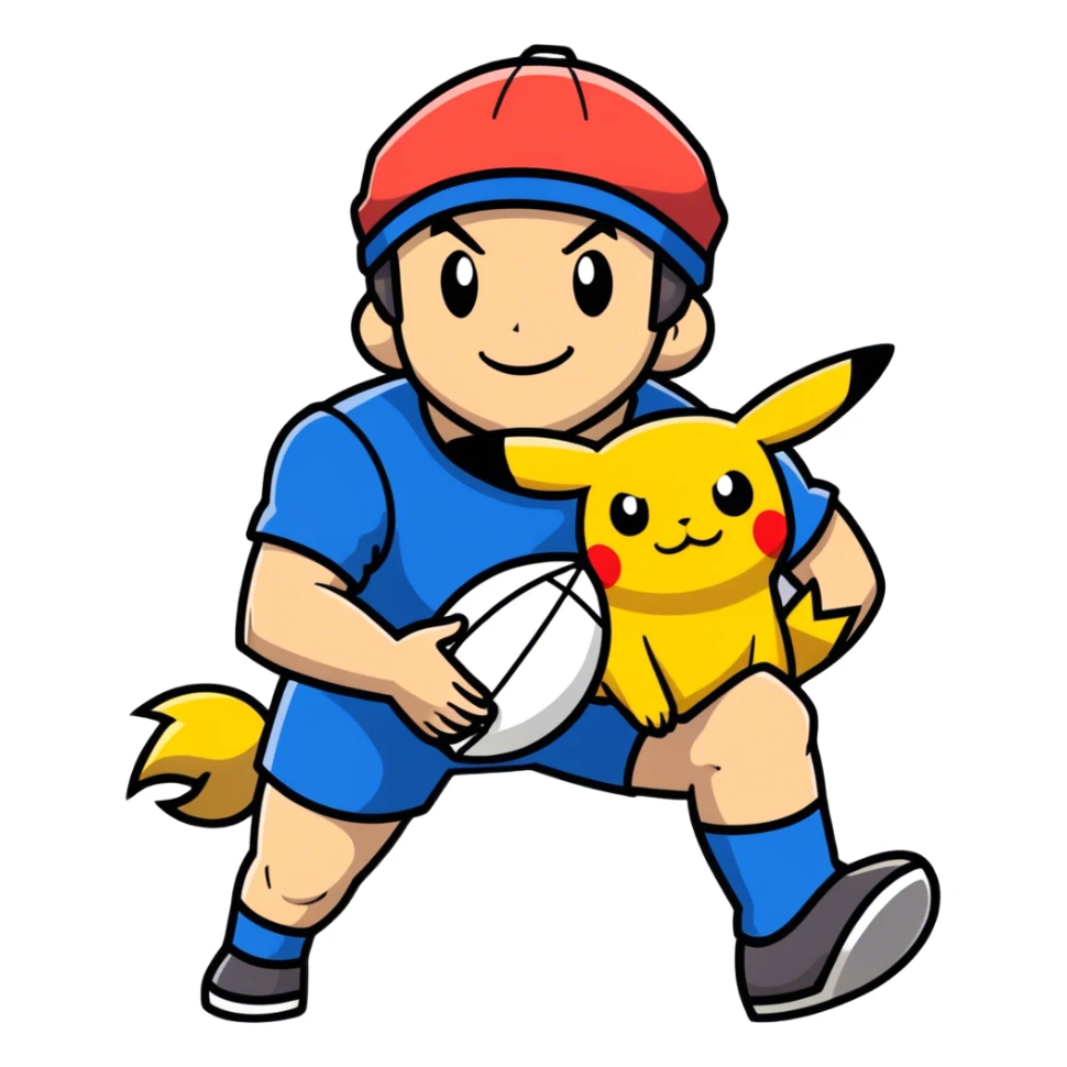 Hot handsomeb muscular 6ft tall smiling happy clean shaven Ash Ketchum playing rugby with Pikachu sticker