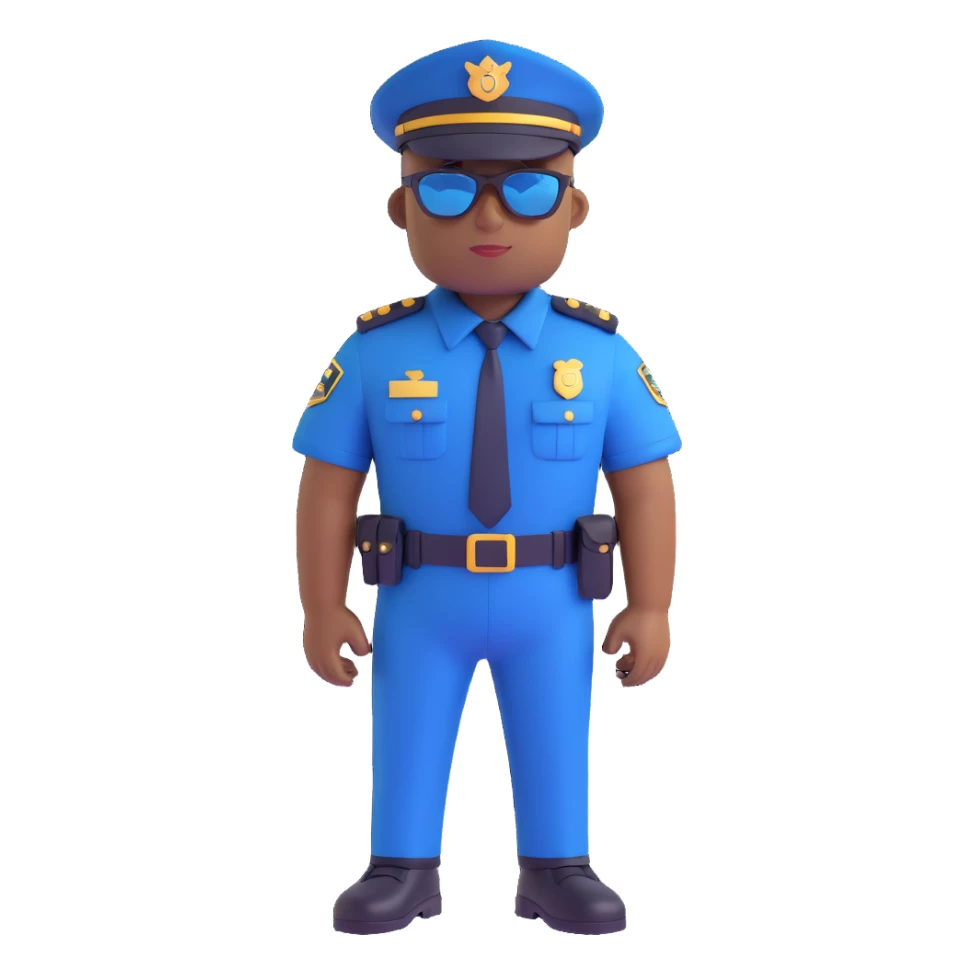 black policeman with navy blue uniform, wearing brown sunglasses, no hat, clean background sticker