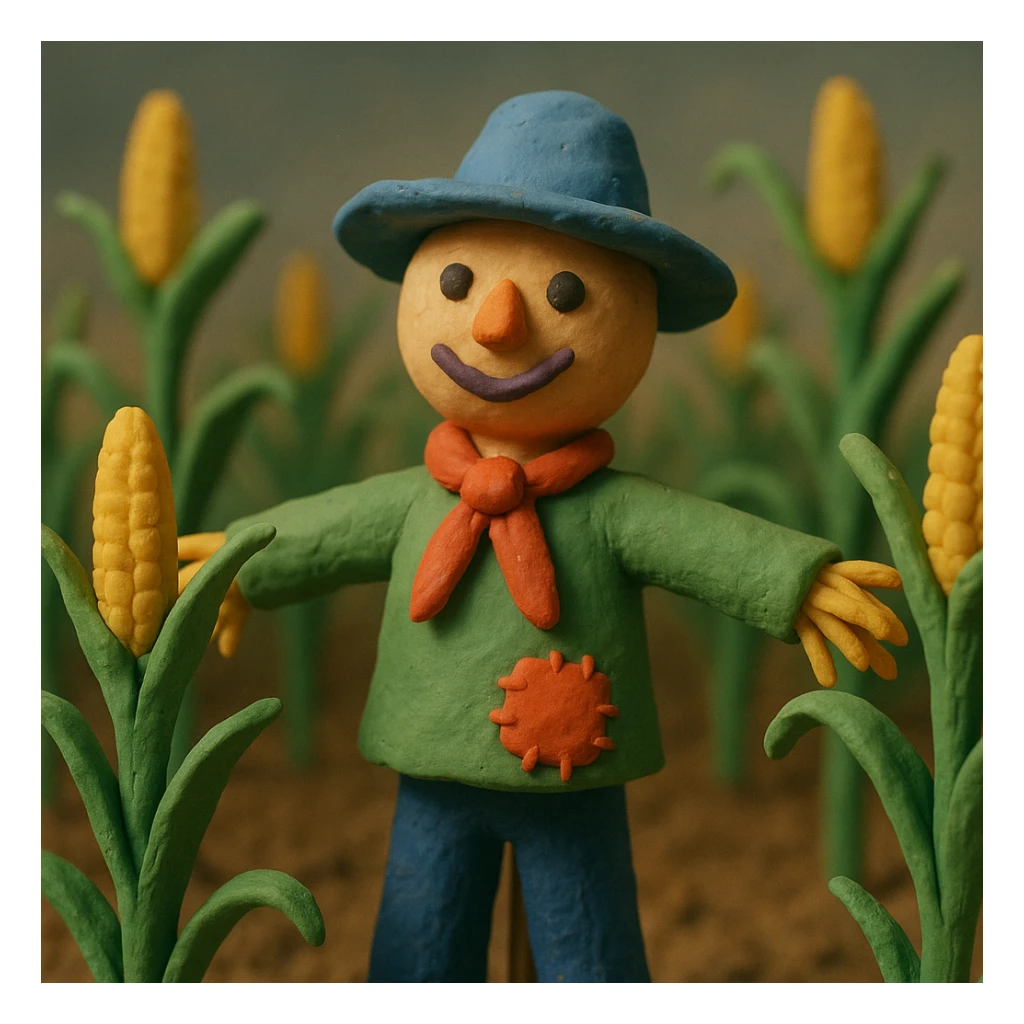 corn field with a colorful and whimsical scarecrow, soft lighting, claymation style sticker