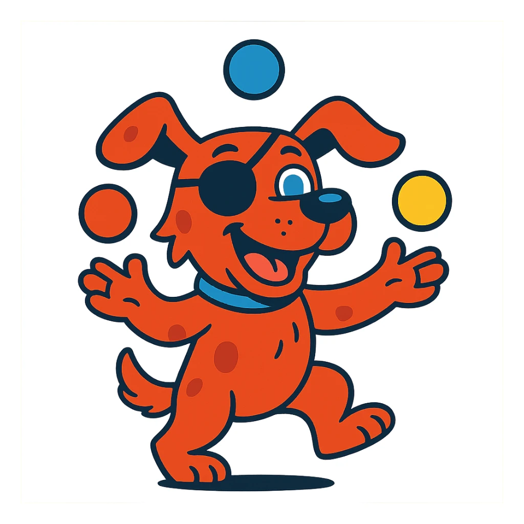 dog with red fur, blue eyes, wearing an eye patch, juggling balls, playful expression, vibrant cartoon style sticker