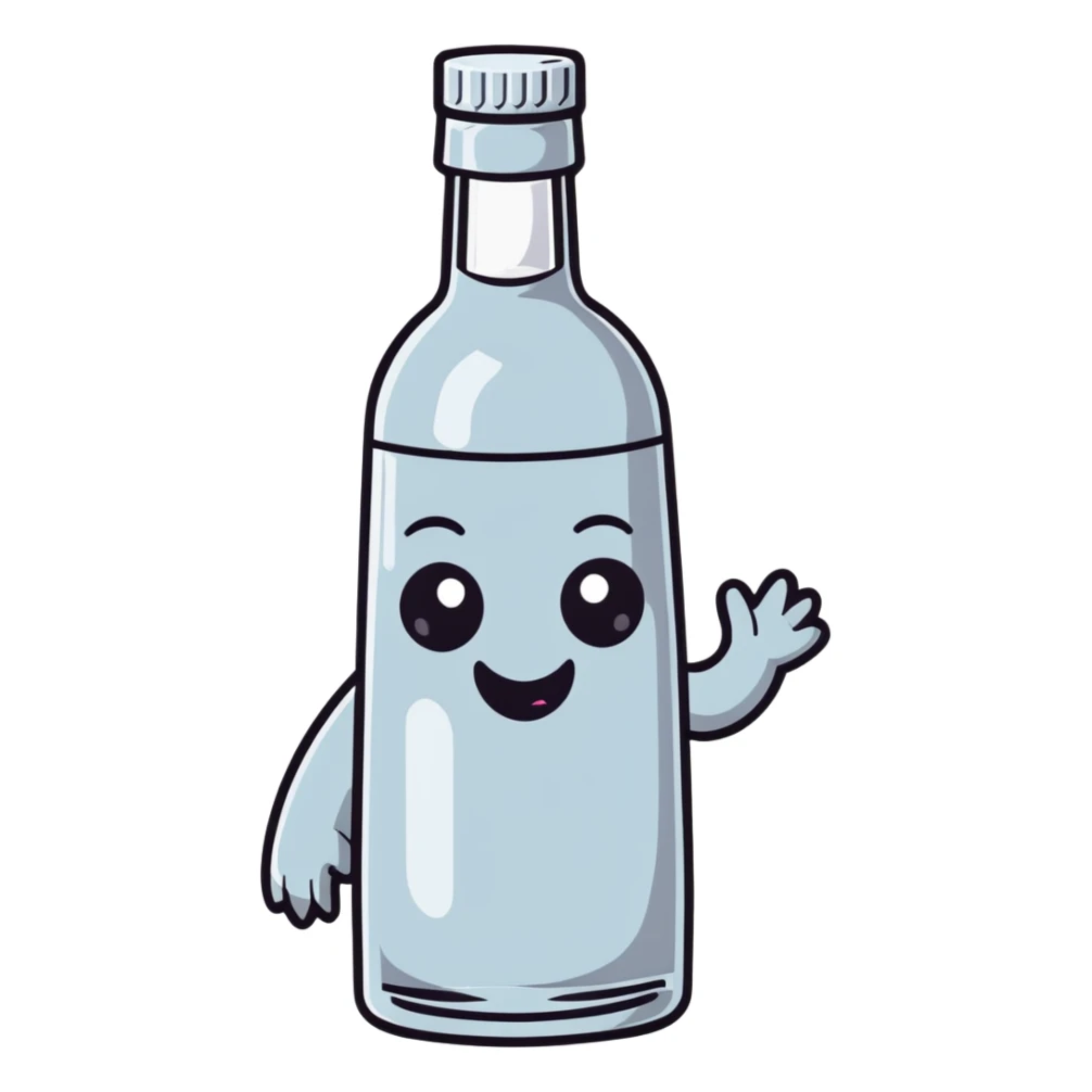 cartoon vodka bottle character with eyes, smile, arms and legs sticker