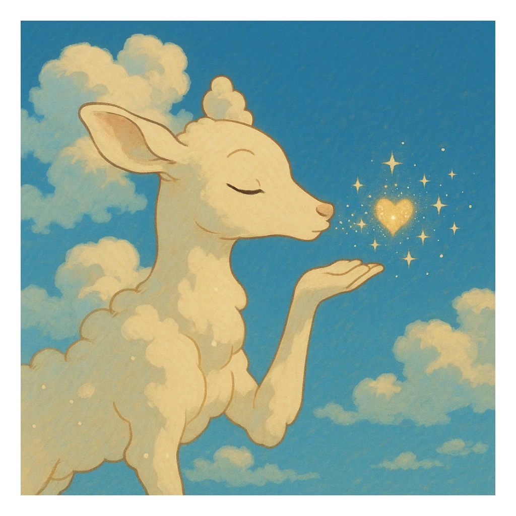 gentle vanilla cloud doe in Ghibli-inspired style sending a sparkling kiss sticker