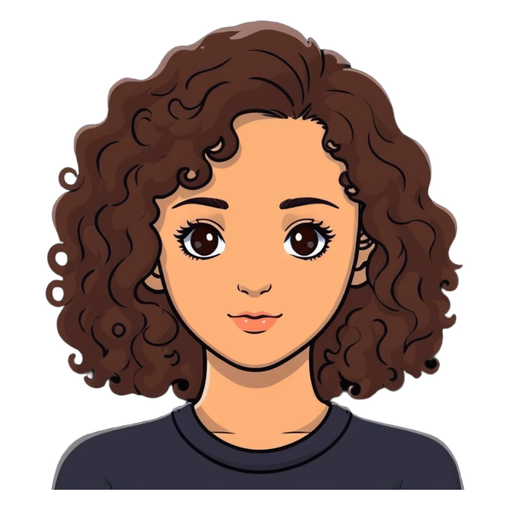 young woman with long curly brown hair, hazel eyes, long eyelashes sticker