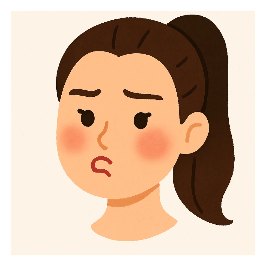 Create a soft cartoon face of Billie Eilish's head in the style of the reference image with simple features, no background. Use brown hair and a different facial expression: pouting. sticker