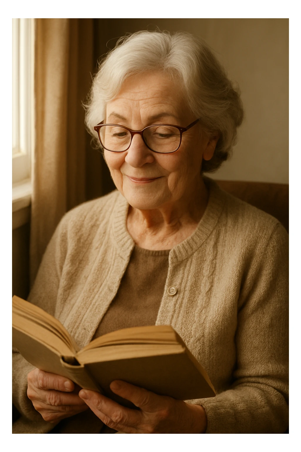 older woman wearing glasses, reading a book, gentle look sticker