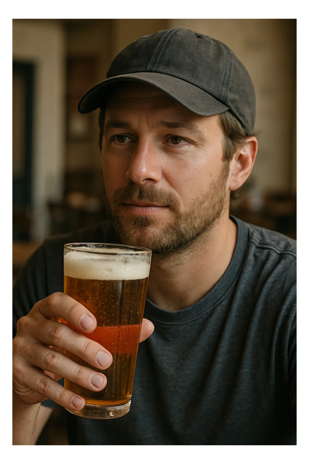 A man wearing a baseball cap holding a glass of beer sticker