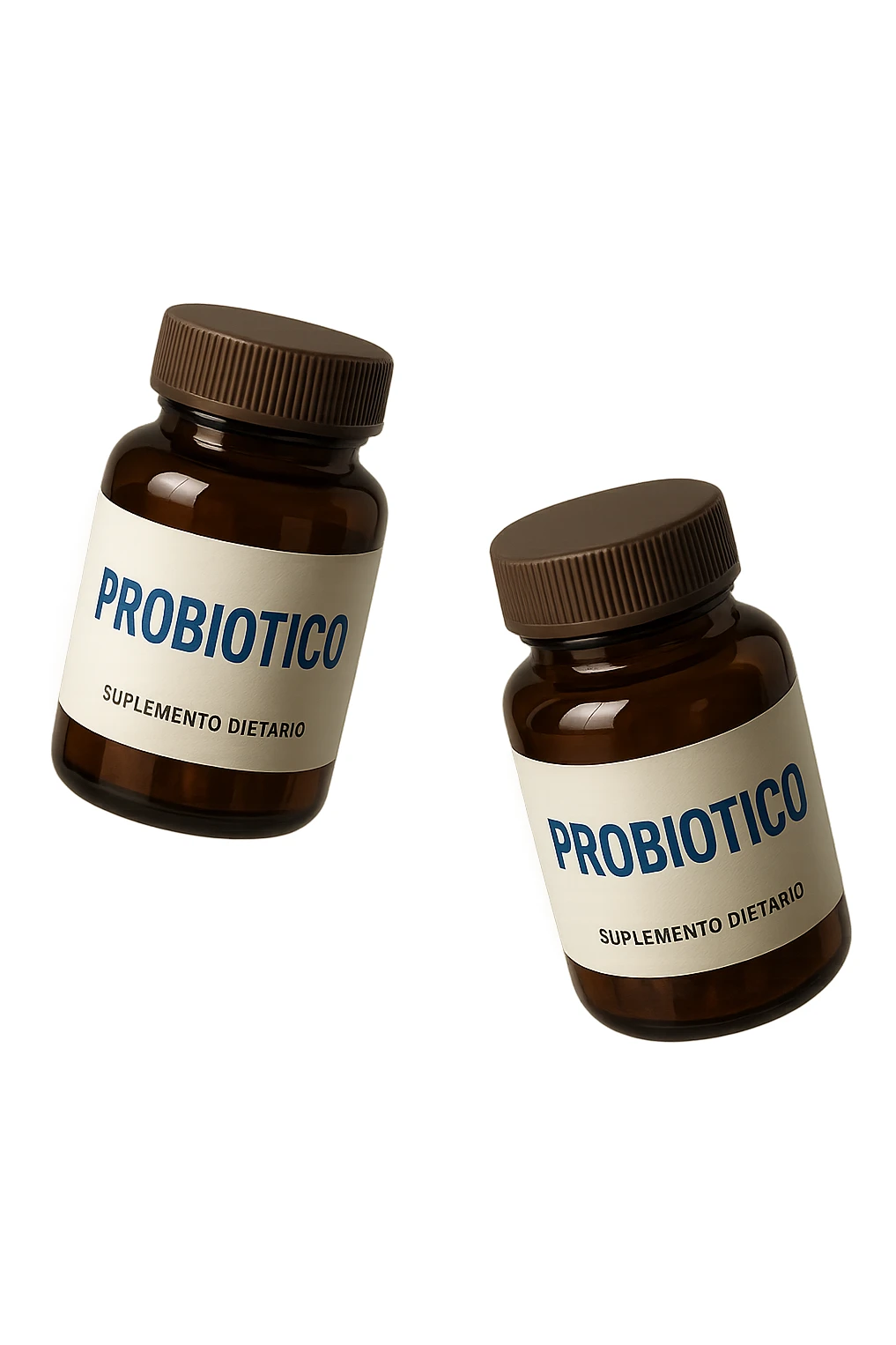 due boccette di integratori con la scritta "PROBIOTICO" SULL'ETICHETTA, FLUTTUANO IN ARIA, realistica 4k sticker